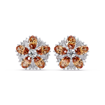 2.1 CTW floral oval colorstone and white diamond stud earrings in White gold, Champagne Topaz
