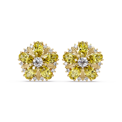 2.1 CTW floral oval colorstone and white diamond stud earrings in Gold, Citrine Yellow