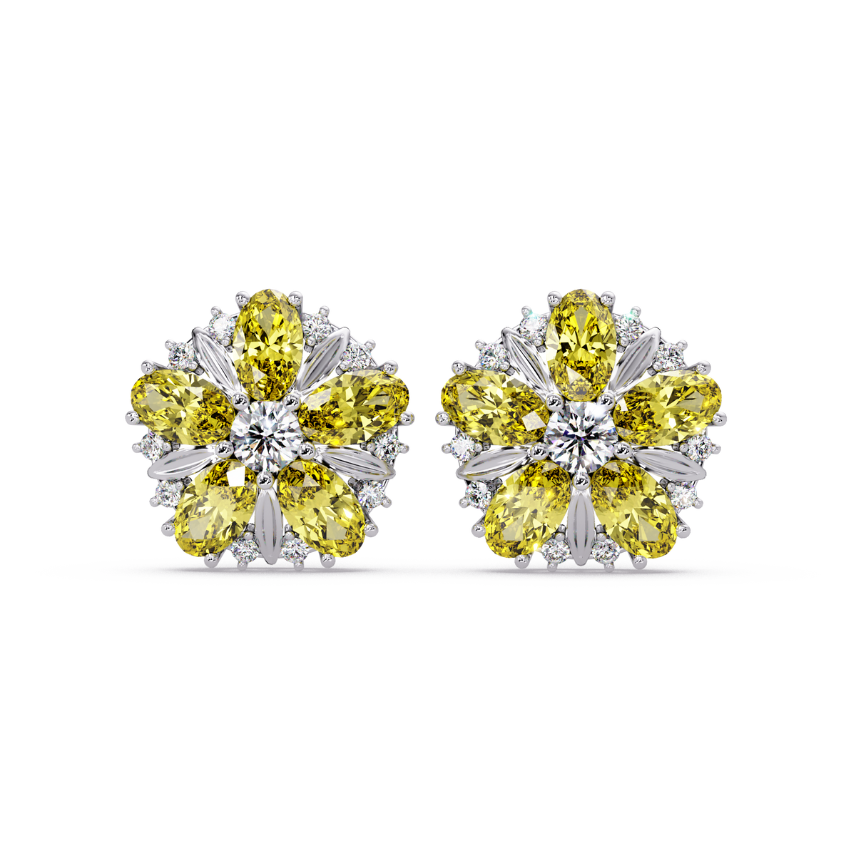 2.1 CTW floral oval colorstone and white diamond stud earrings in White gold, Citrine Yellow