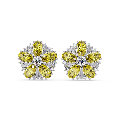 2.1 CTW floral oval colorstone and white diamond stud earrings in White gold, Citrine Yellow