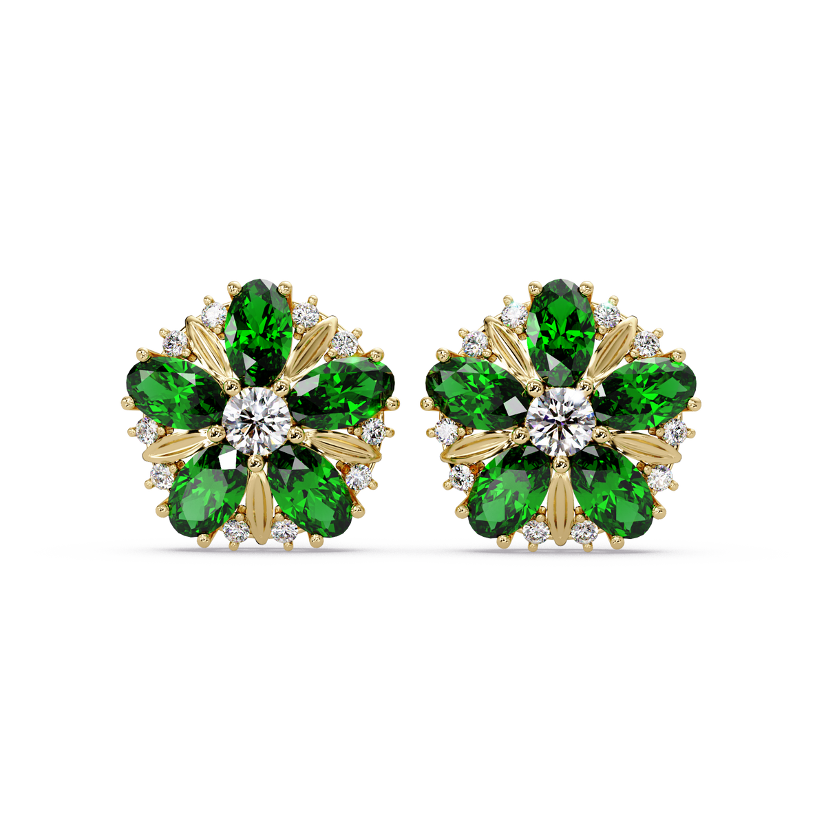 2.1 CTW floral oval colorstone and white diamond stud earrings in Gold, Emerald Green