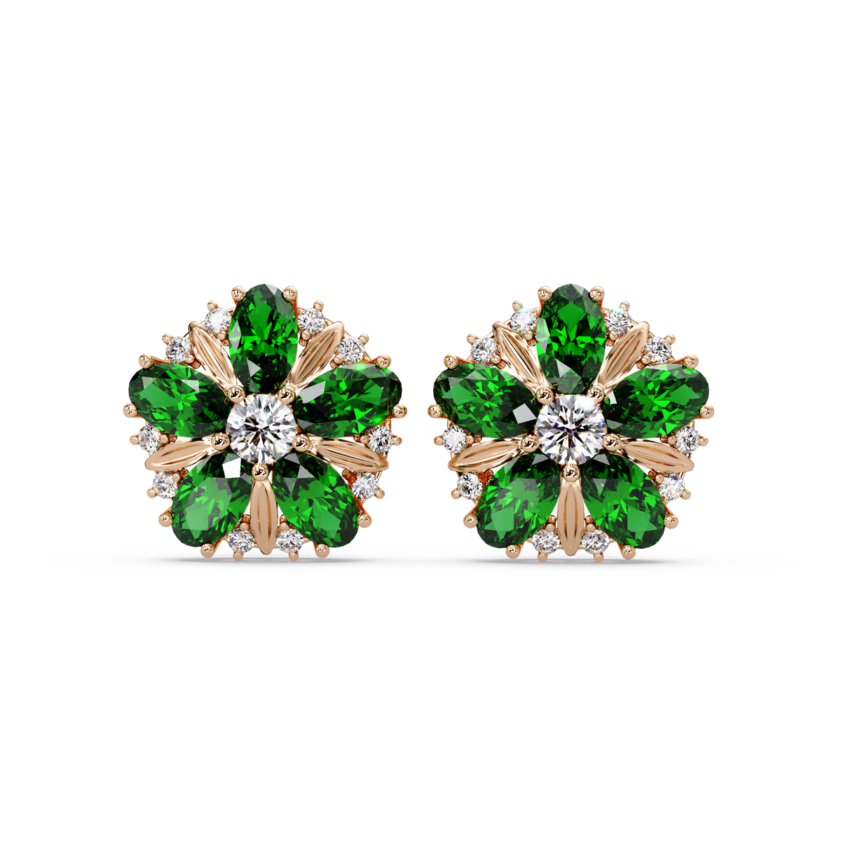 2.1 CTW floral oval colorstone and white diamond stud earrings in Rose gold, Emerald Green