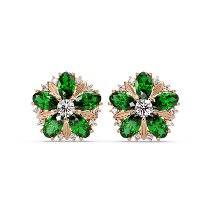 2.1 CTW floral oval colorstone and white diamond stud earrings in Rose gold, Emerald Green