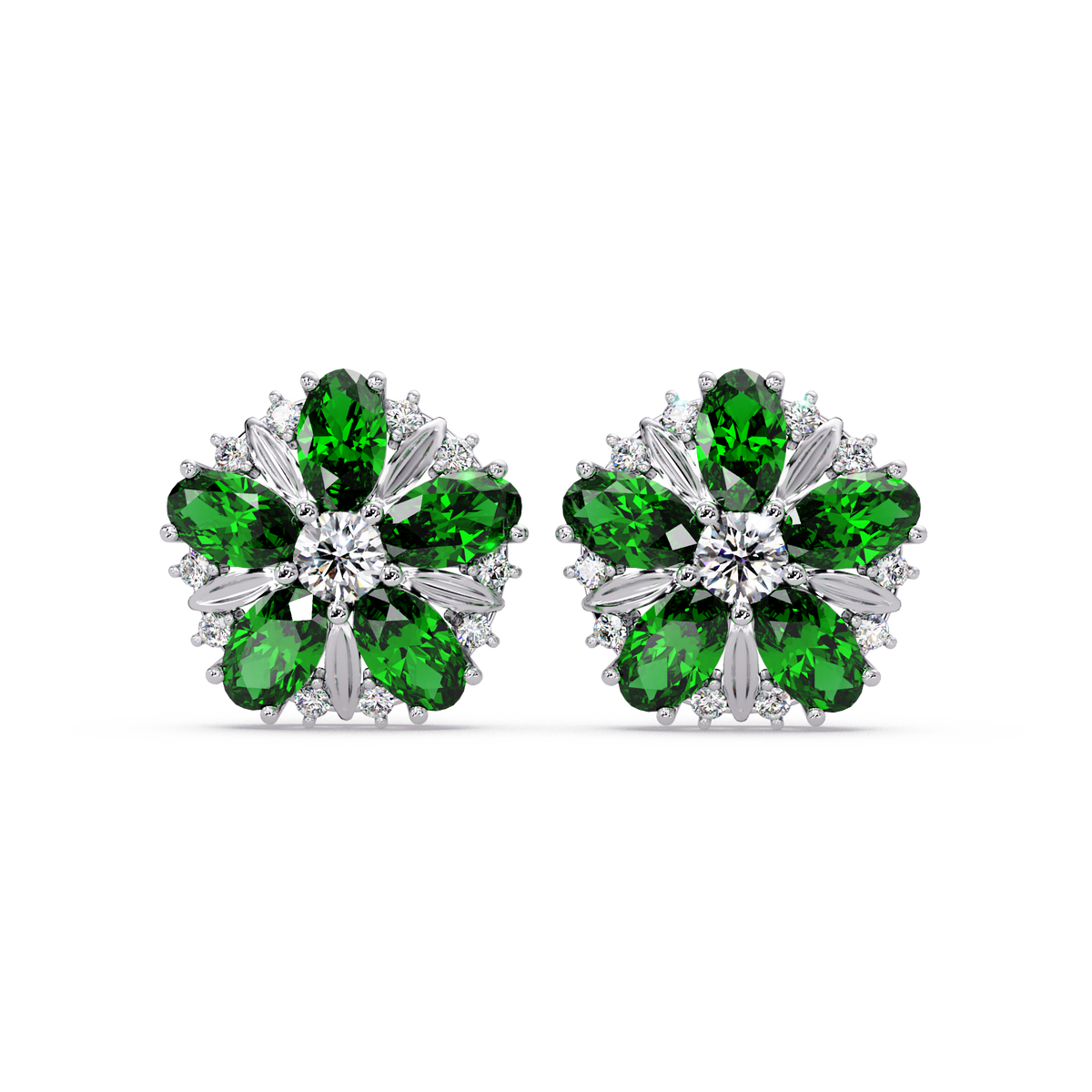 2.1 CTW floral oval colorstone and white diamond stud earrings in White gold, Emerald Green