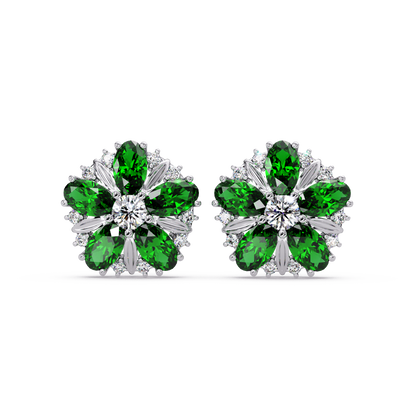 2.1 CTW floral oval colorstone and white diamond stud earrings in White gold, Emerald Green