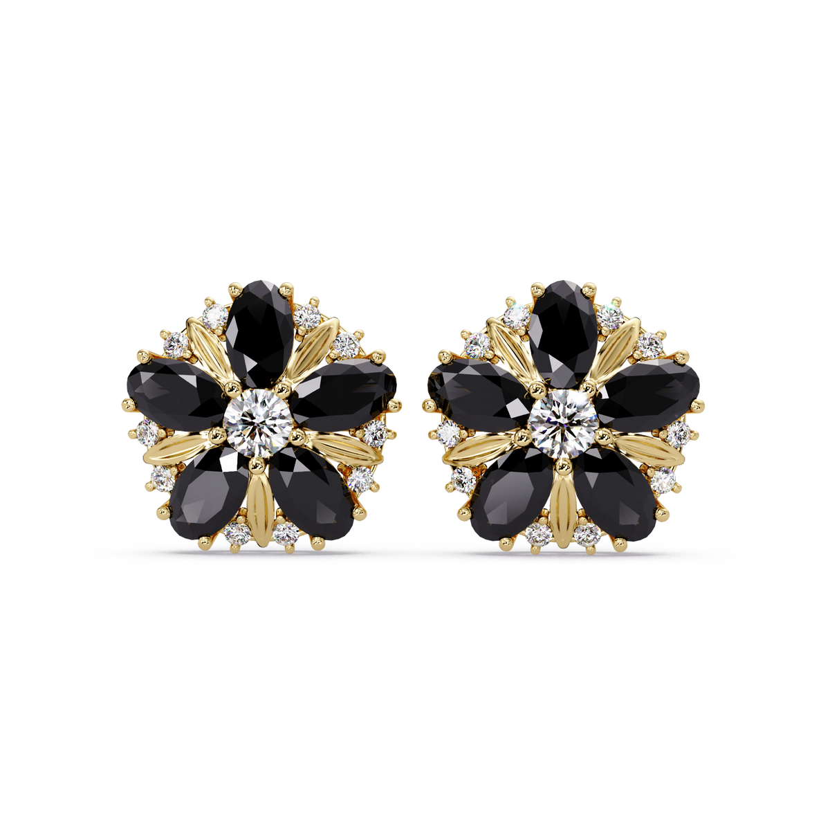 2.1 CTW floral oval colorstone and white diamond stud earrings in Gold, Onyx