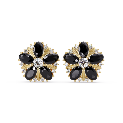2.1 CTW floral oval colorstone and white diamond stud earrings in Gold, Onyx