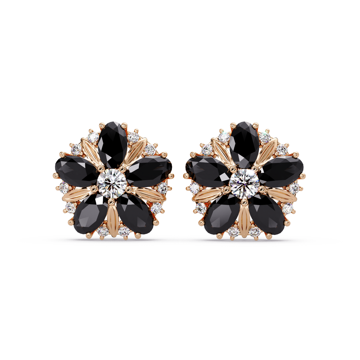 2.1 CTW floral oval colorstone and white diamond stud earrings in Rose gold, Onyx
