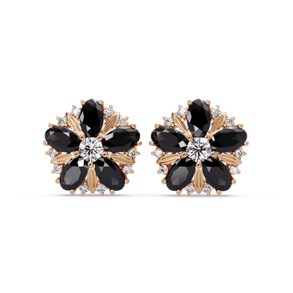2.1 CTW floral oval colorstone and white diamond stud earrings in Rose gold, Onyx