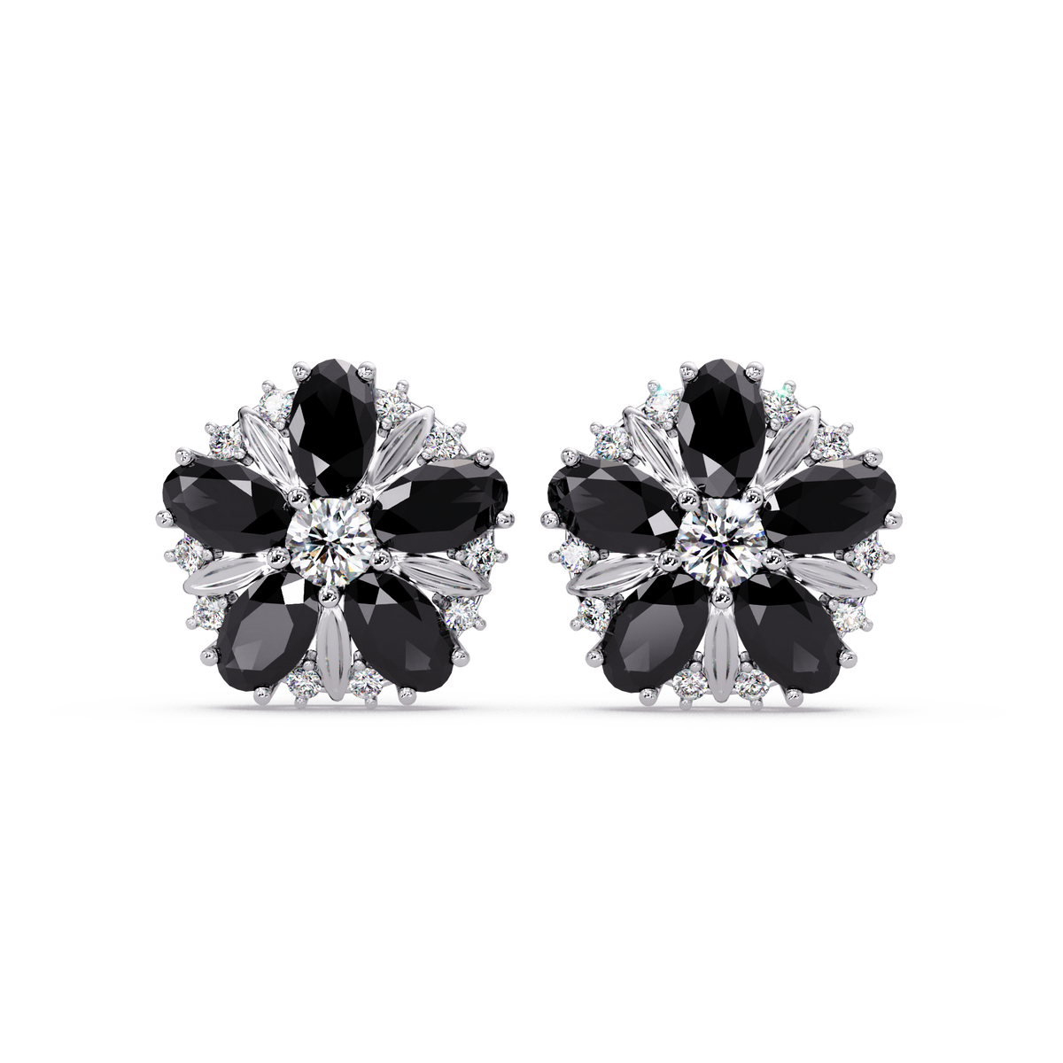 2.1 CTW floral oval colorstone and white diamond stud earrings in White gold, Onyx