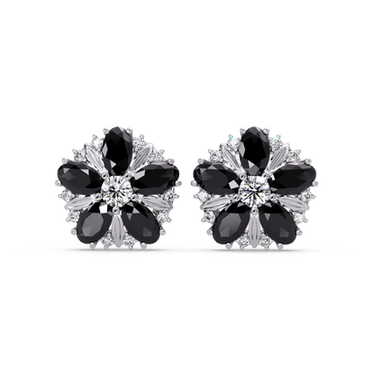2.1 CTW floral oval colorstone and white diamond stud earrings in White gold, Onyx