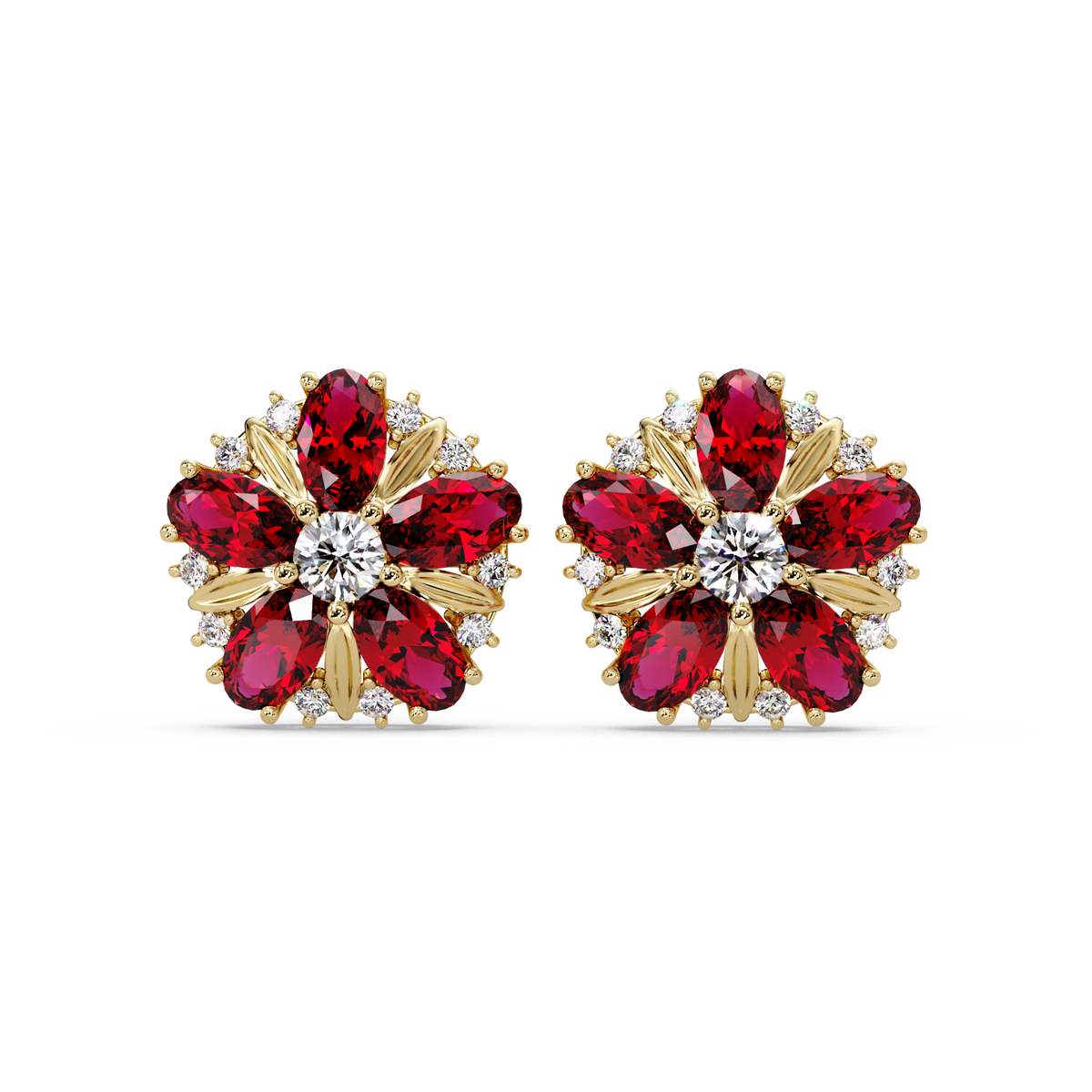 2.1 CTW floral oval colorstone and white diamond stud earrings in Gold, Ruby Red