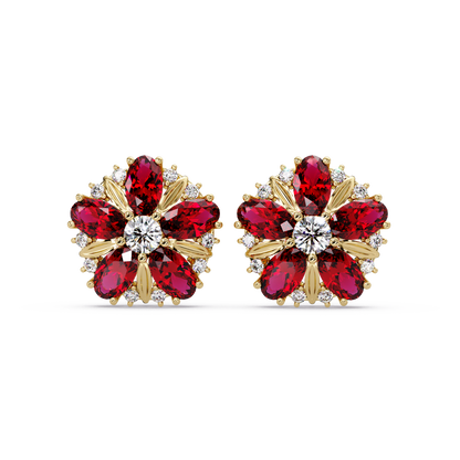 2.1 CTW floral oval colorstone and white diamond stud earrings in Gold, Ruby Red