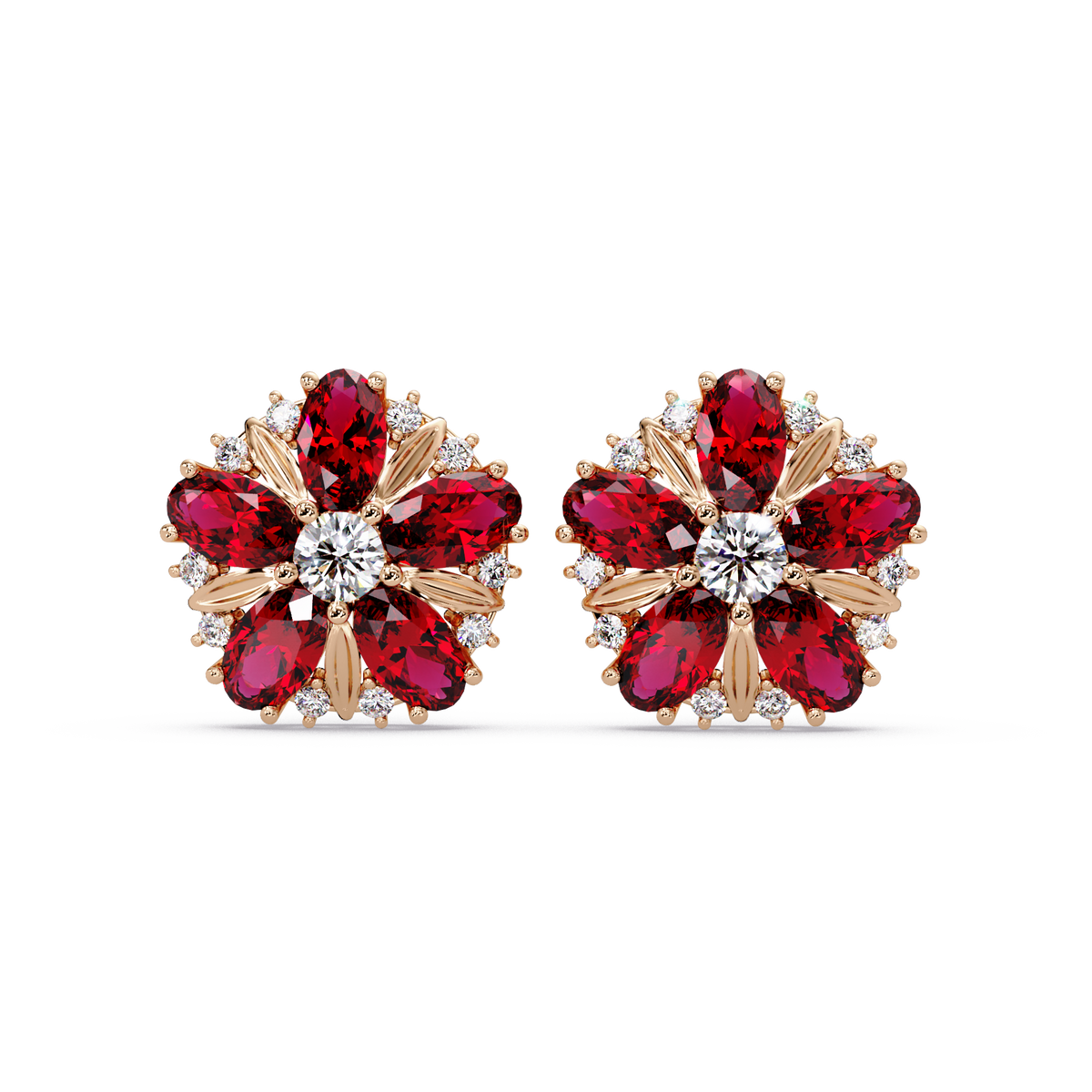 2.1 CTW floral oval colorstone and white diamond stud earrings in Rose gold, Ruby Red