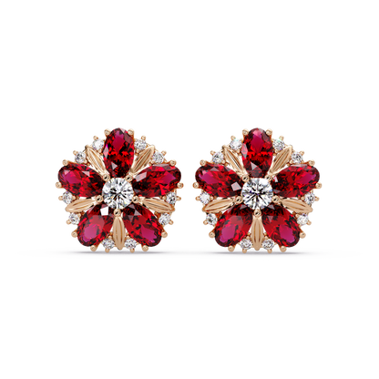 2.1 CTW floral oval colorstone and white diamond stud earrings in Rose gold, Ruby Red