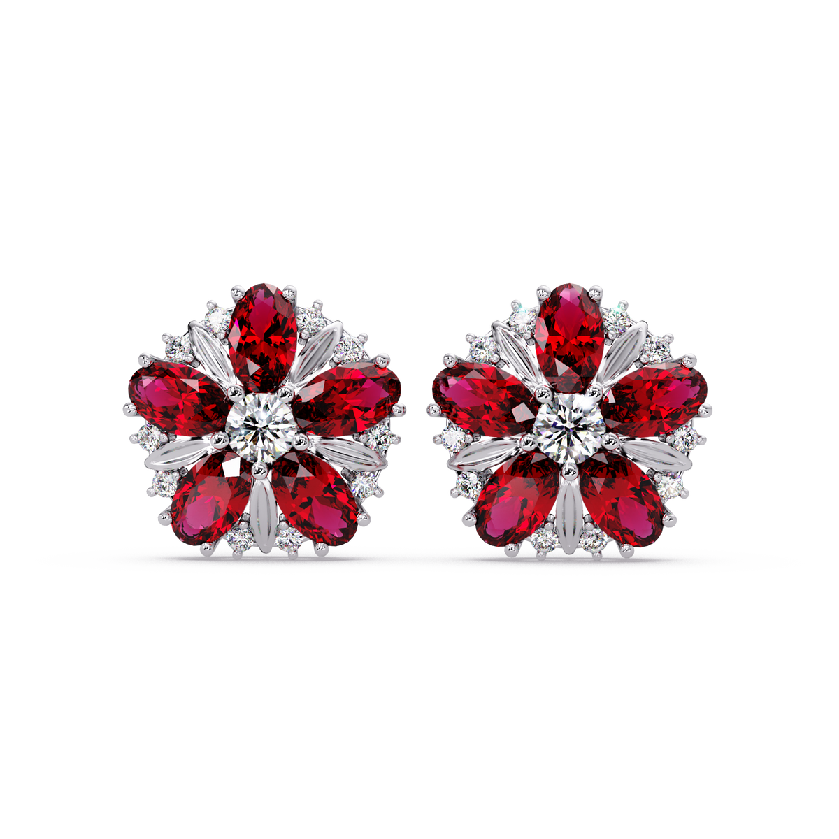 2.1 CTW floral oval colorstone and white diamond stud earrings in White gold, Ruby Red