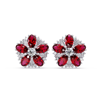 2.1 CTW floral oval colorstone and white diamond stud earrings in White gold, Ruby Red