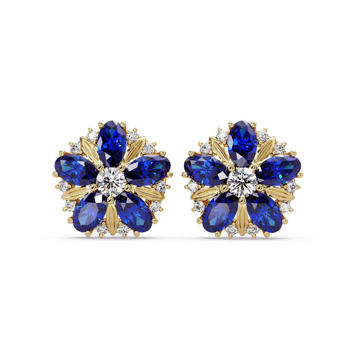 2.1 CTW floral oval colorstone and white diamond stud earrings in Gold, Sapphire Blue