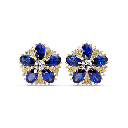 2.1 CTW floral oval colorstone and white diamond stud earrings in Gold, Sapphire Blue