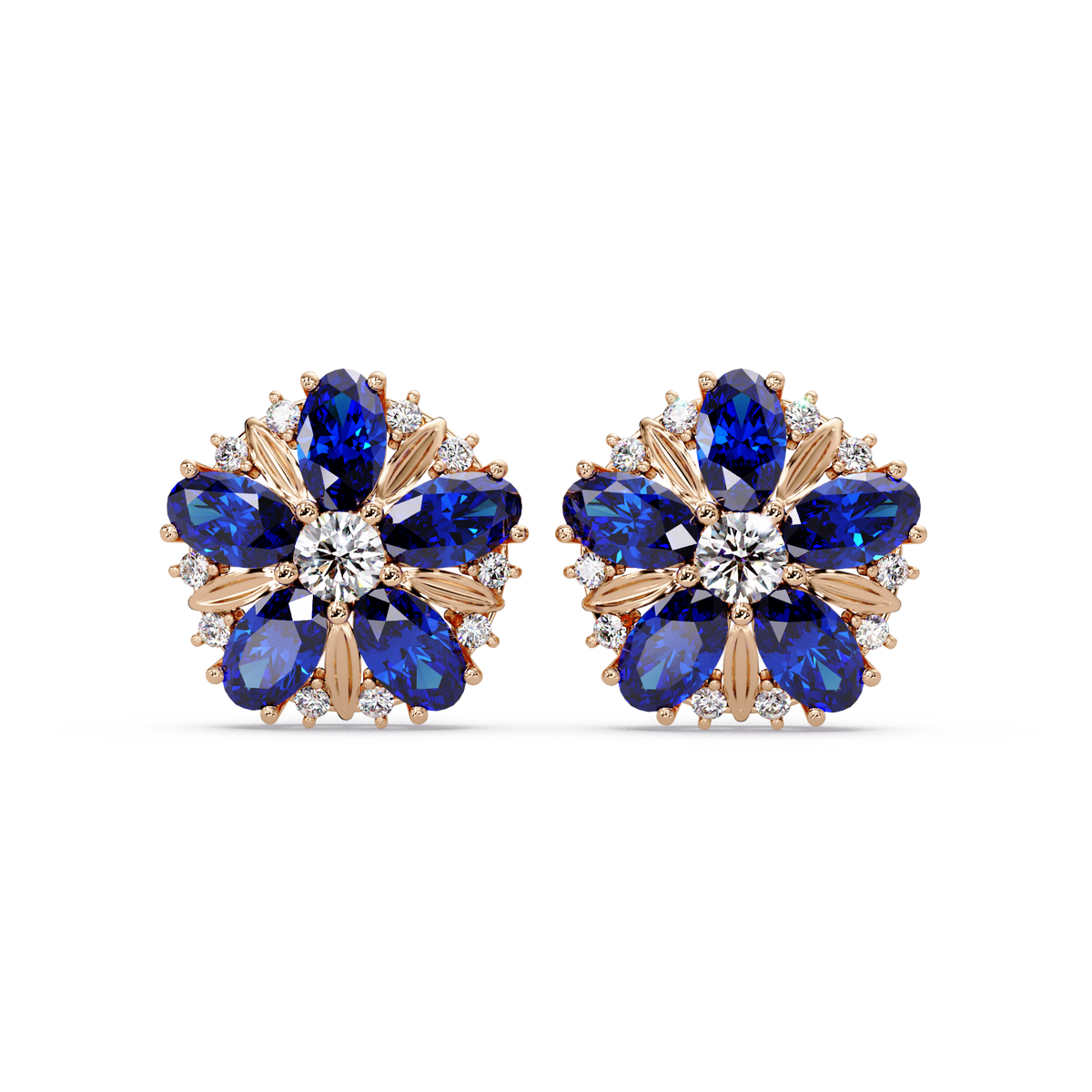 2.1 CTW floral oval colorstone and white diamond stud earrings in Rose gold, Sapphire Blue