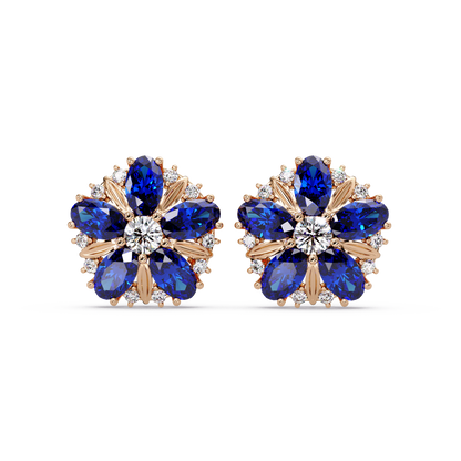 2.1 CTW floral oval colorstone and white diamond stud earrings in Rose gold, Sapphire Blue