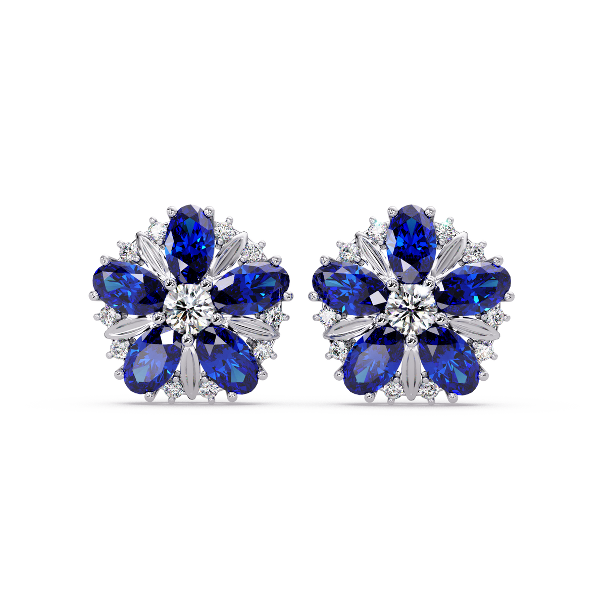 2.1 CTW floral oval colorstone and white diamond stud earrings in White gold, Sapphire Blue