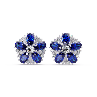 2.1 CTW floral oval colorstone and white diamond stud earrings in White gold, Sapphire Blue