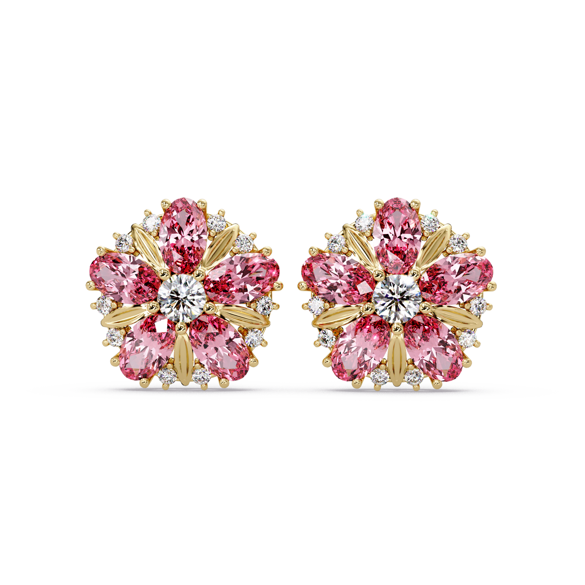 2.1 CTW floral oval colorstone and white diamond stud earrings in Gold, Tourmaline Pink