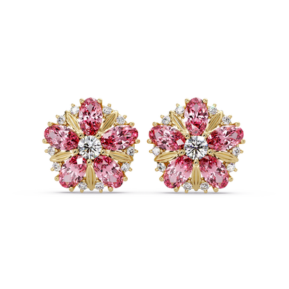 2.1 CTW floral oval colorstone and white diamond stud earrings in Gold, Tourmaline Pink
