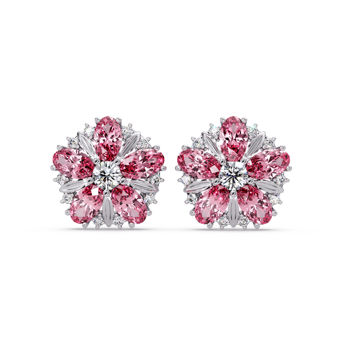 2.1 CTW floral oval colorstone and white diamond stud earrings in White gold, Tourmaline Pink