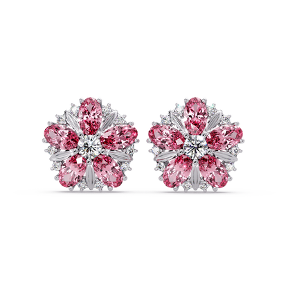 2.1 CTW floral oval colorstone and white diamond stud earrings in White gold, Tourmaline Pink