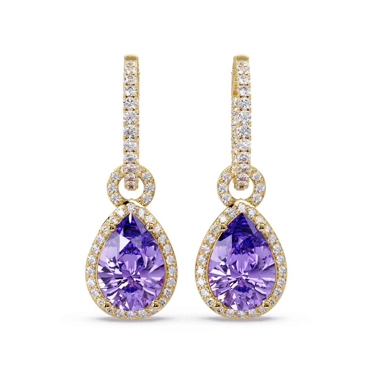 4.2 CTW pear halo colorstone drop earrings in Gold, Amethyst Purple centers