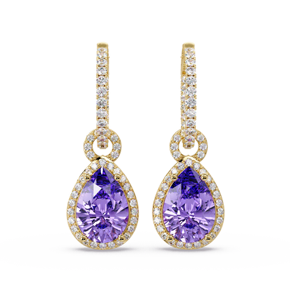 4.2 CTW pear halo colorstone drop earrings in Gold, Amethyst Purple centers