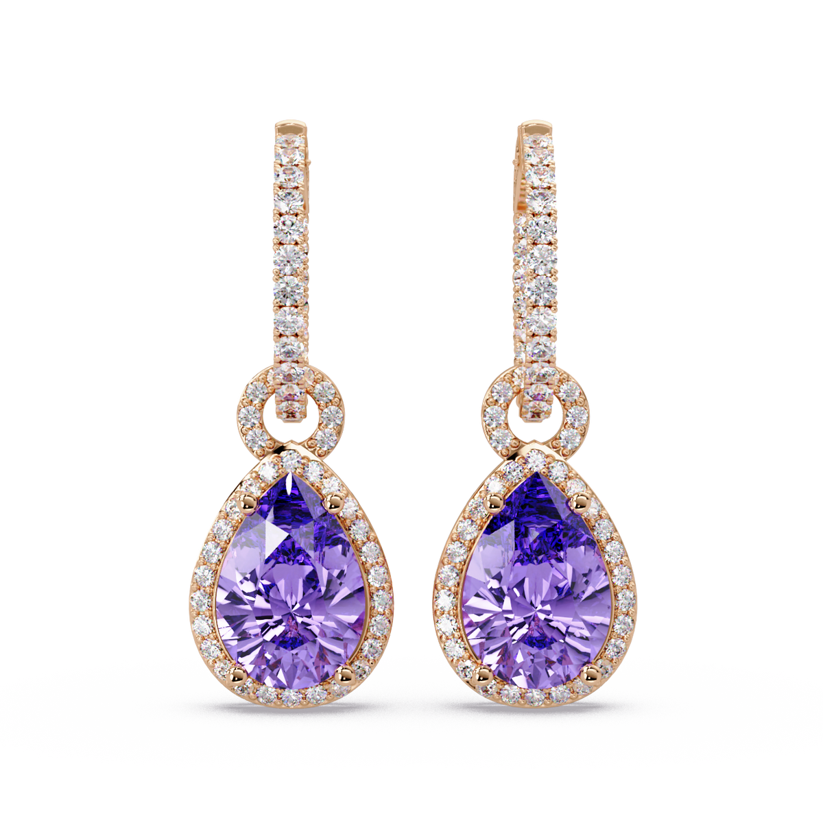 4.2 CTW pear halo colorstone drop earrings in Rose gold, Amethyst Purple centers