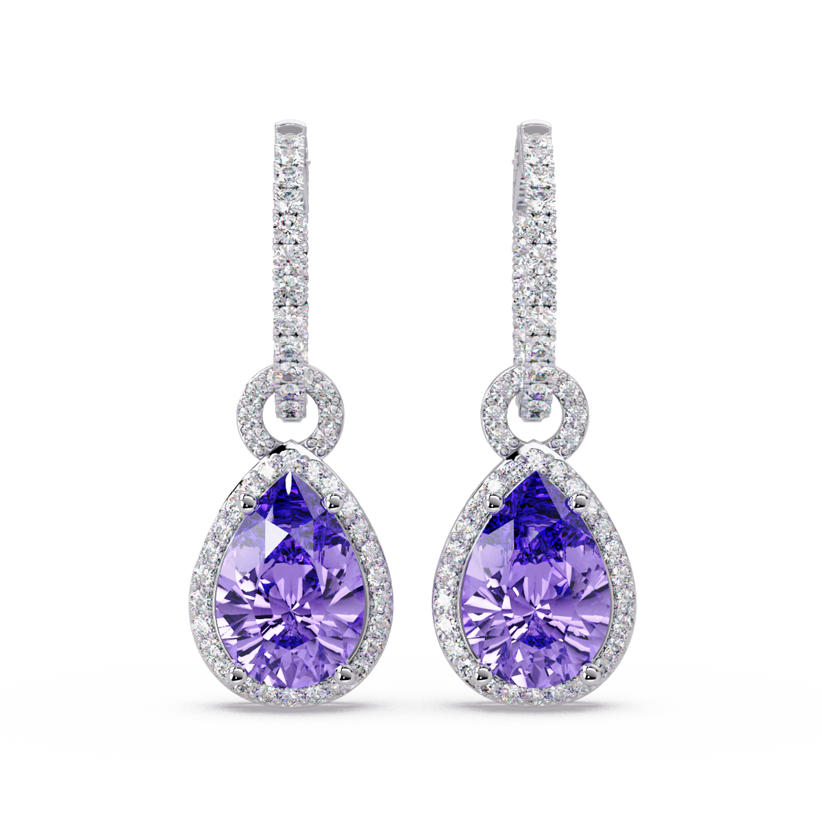 4.2 CTW pear halo colorstone drop earrings in White gold, Amethyst Purple centers