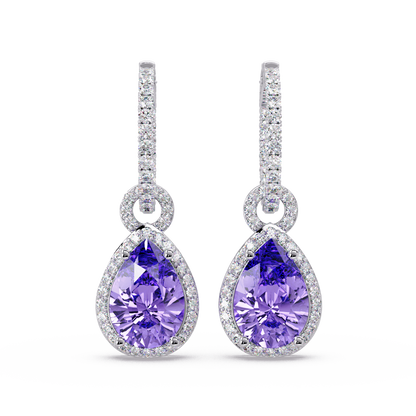 4.2 CTW pear halo colorstone drop earrings in White gold, Amethyst Purple centers