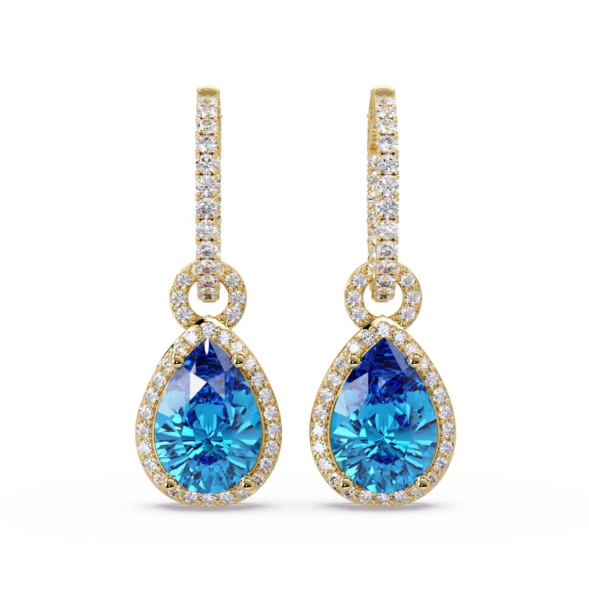 4.2 CTW pear halo colorstone drop earrings in Gold, Aquamarine Blue centers
