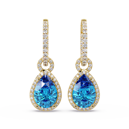 4.2 CTW pear halo colorstone drop earrings in Gold, Aquamarine Blue centers