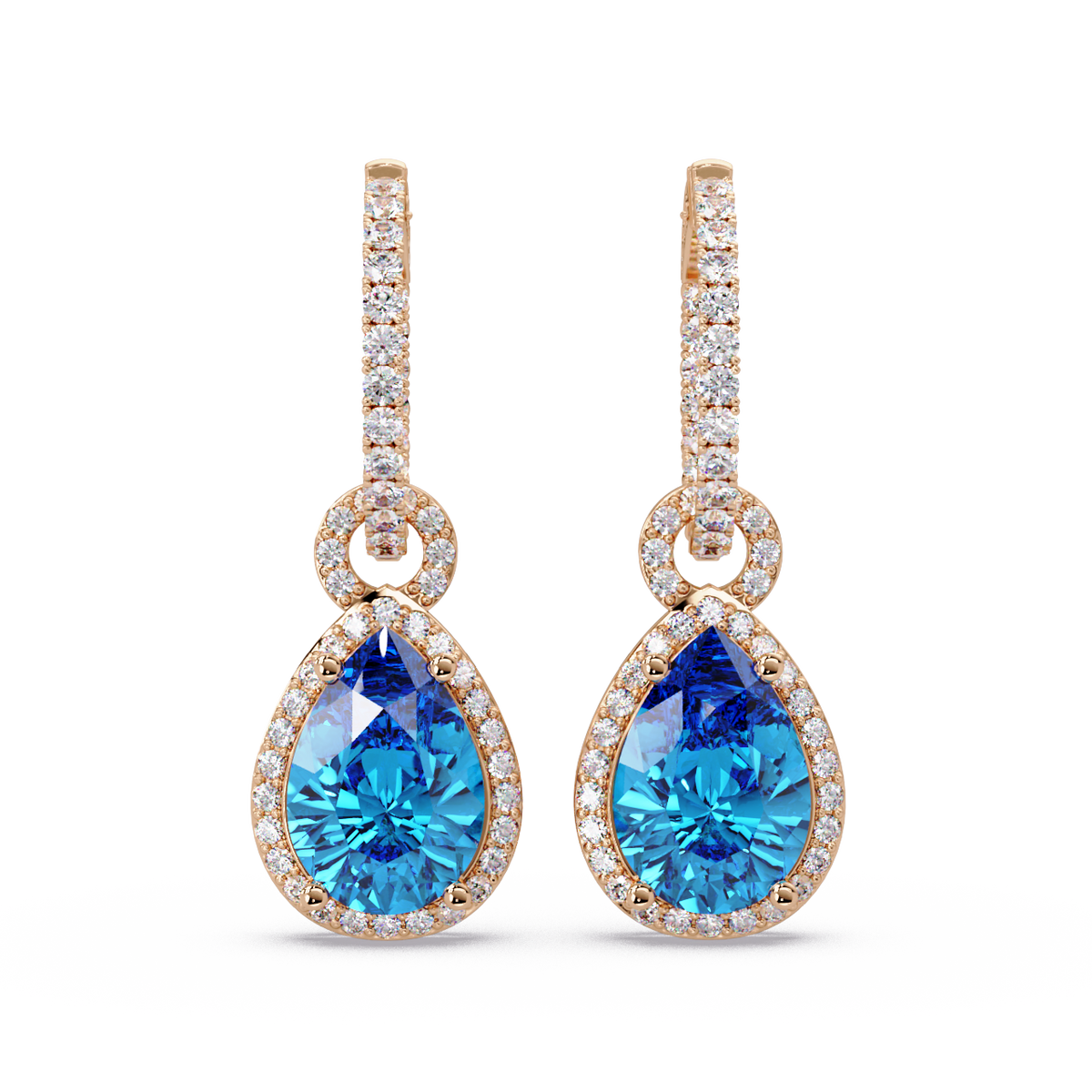 4.2 CTW pear halo colorstone drop earrings in Rose gold, Aquamarine Blue centers