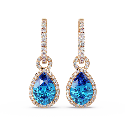 4.2 CTW pear halo colorstone drop earrings in Rose gold, Aquamarine Blue centers