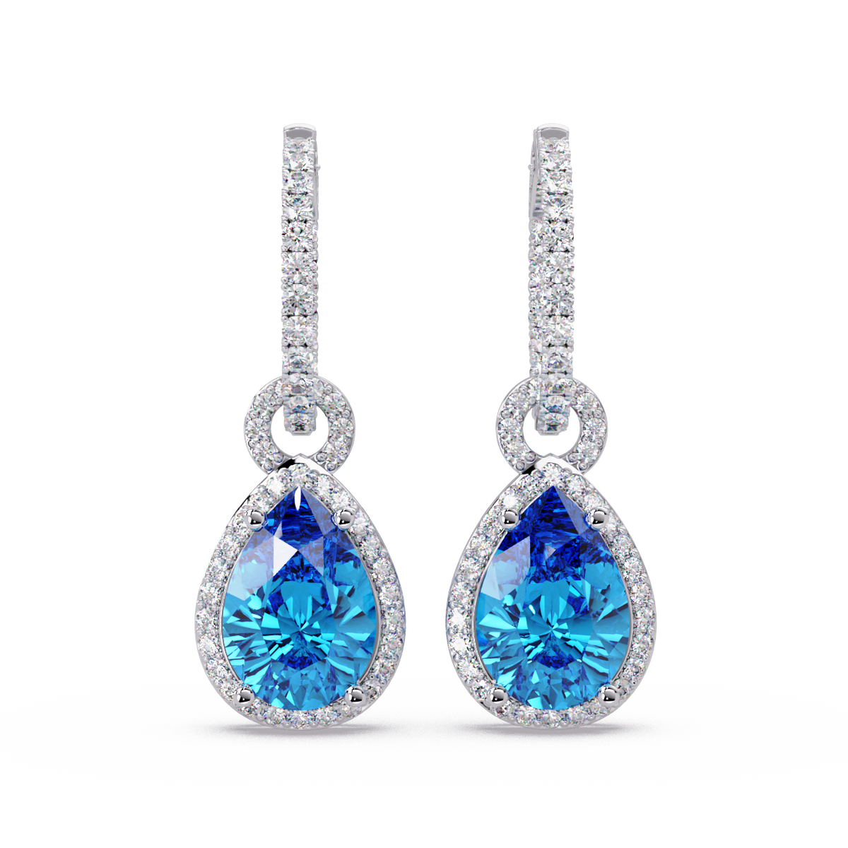 4.2 CTW pear halo colorstone drop earrings in White gold, Aquamarine Blue centers