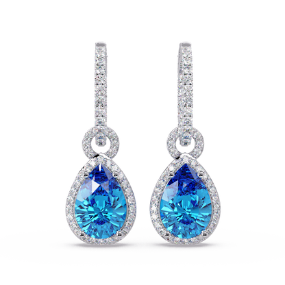4.2 CTW pear halo colorstone drop earrings in White gold, Aquamarine Blue centers