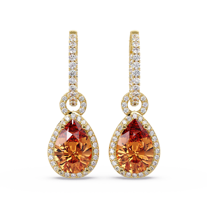 4.2 CTW pear halo colorstone drop earrings in Gold, Champagne Topaz centers