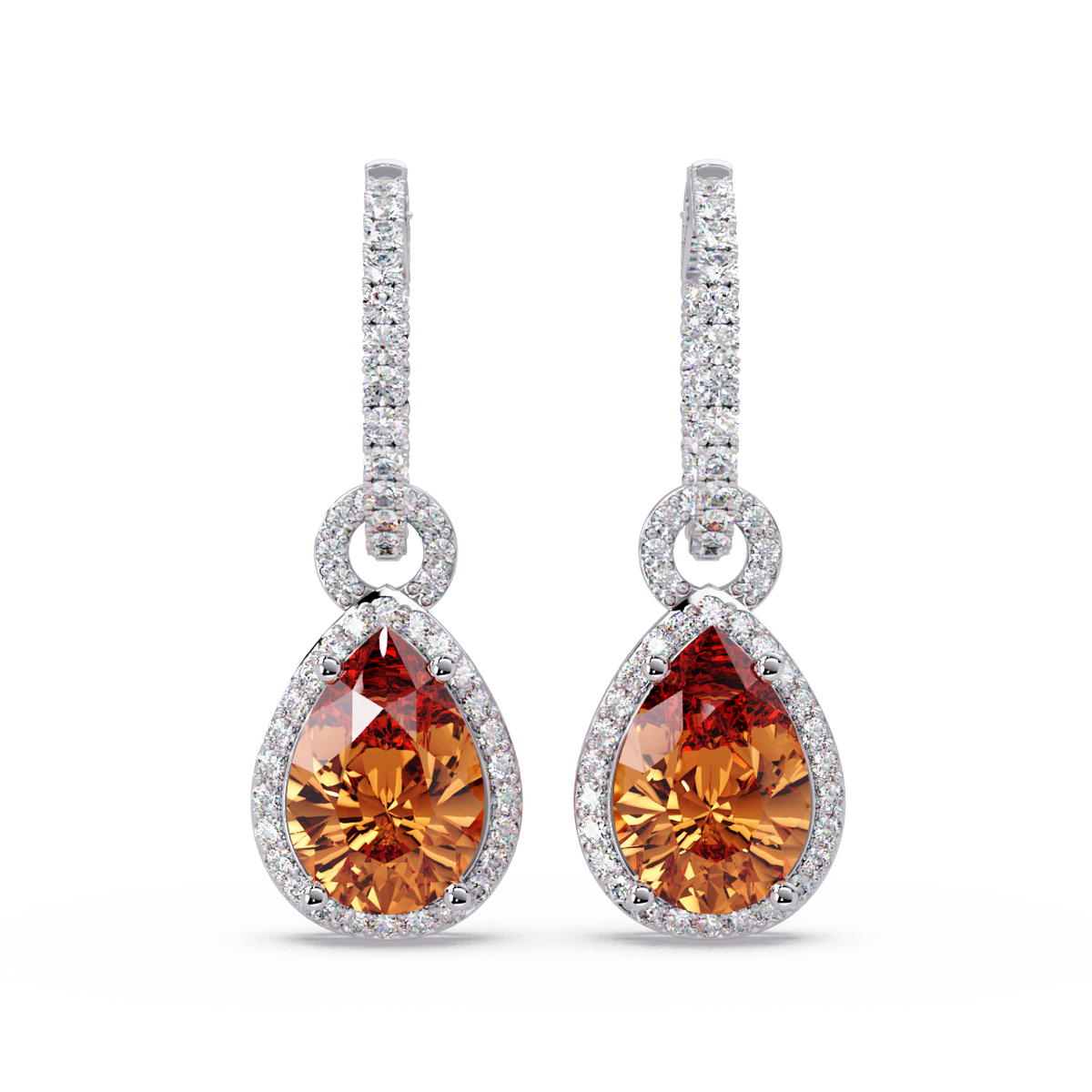 4.2 CTW pear halo colorstone drop earrings in White gold, Champagne Topaz centers