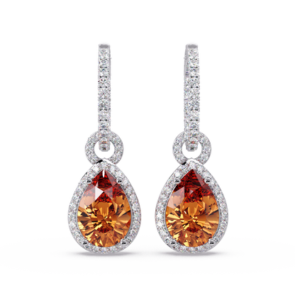 4.2 CTW pear halo colorstone drop earrings in White gold, Champagne Topaz centers
