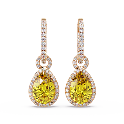 4.2 CTW pear halo colorstone drop earrings in Rose gold, Citrine Yellow centers
