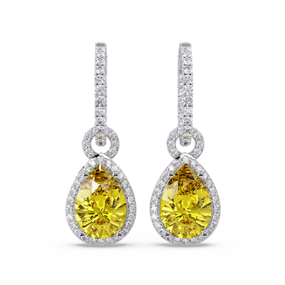 4.2 CTW pear halo colorstone drop earrings in White gold, Citrine Yellow centers