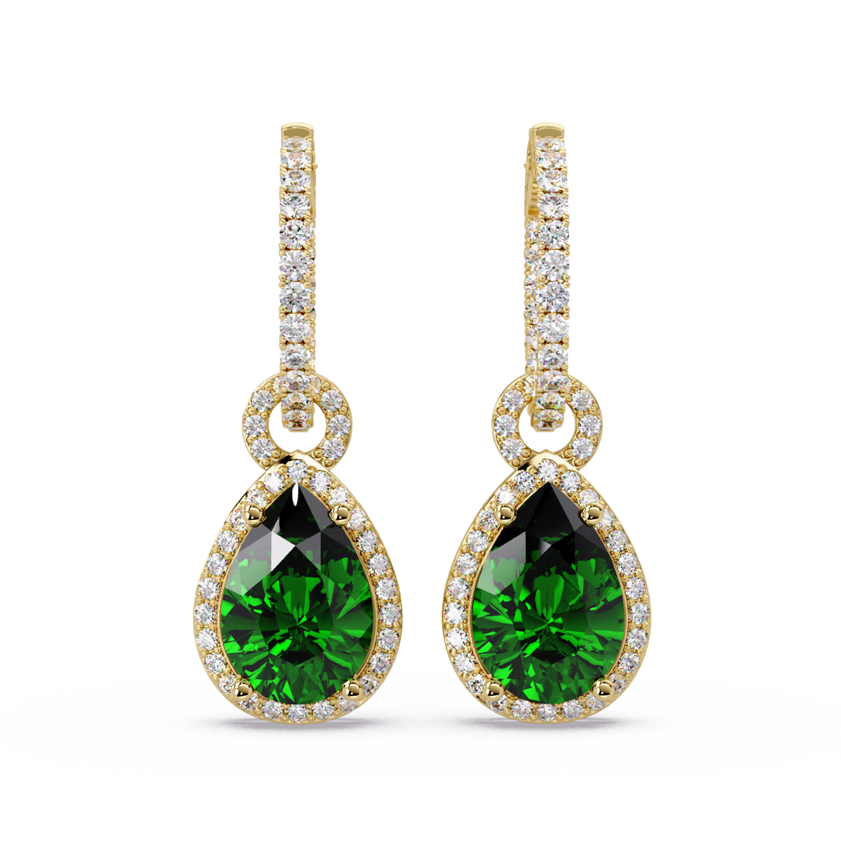 4.2 CTW pear halo colorstone drop earrings in Gold, Emerald Green centers