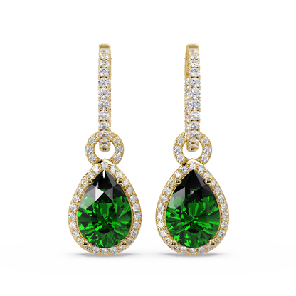 4.2 CTW pear halo colorstone drop earrings in Gold, Emerald Green centers