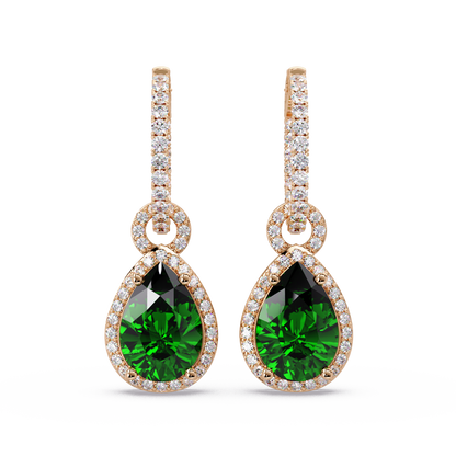 4.2 CTW pear halo colorstone drop earrings in Rose gold, Emerald Green centers